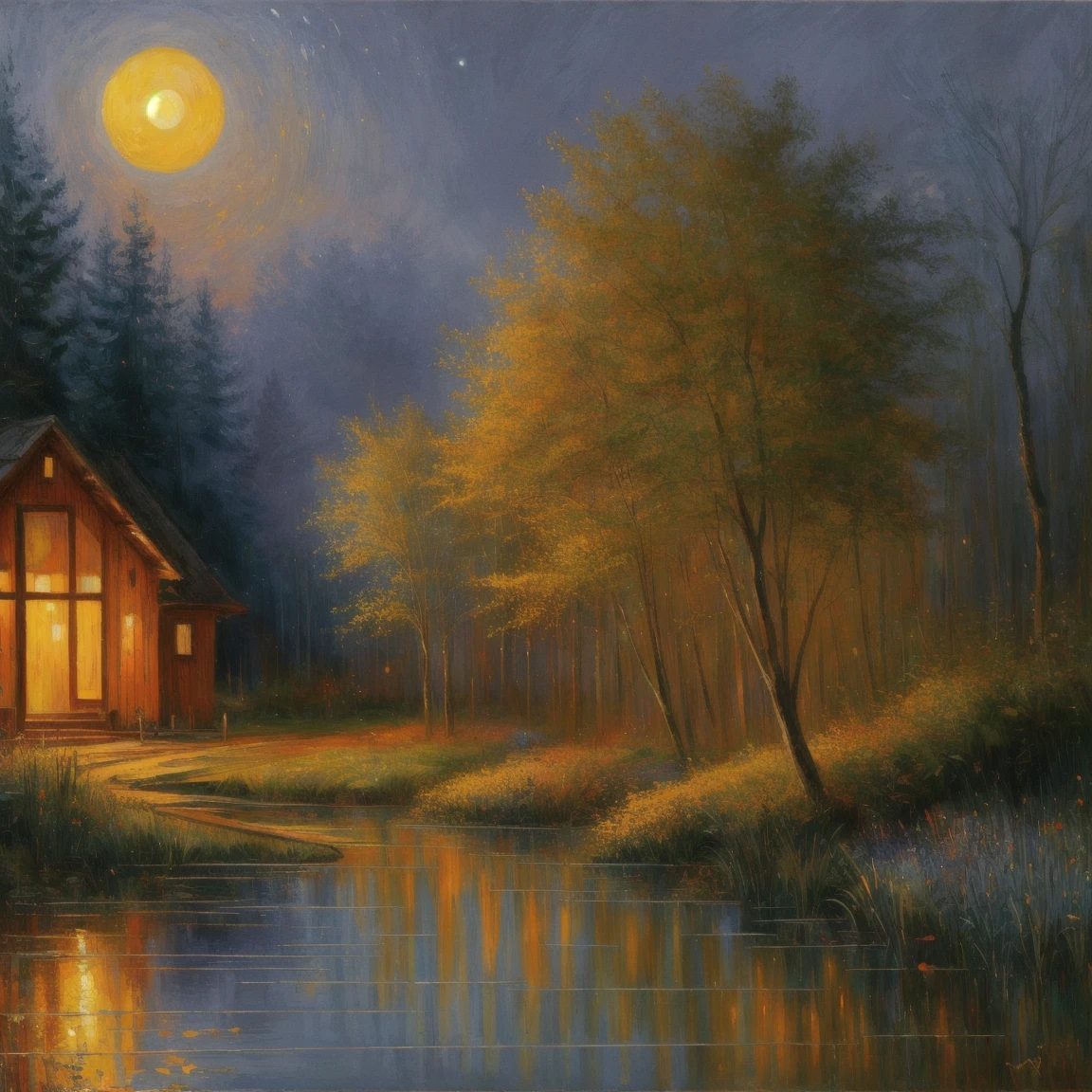 paintings,impressionism,a swampy pond hidden in the forest, at spring, at midnight. On the opposite bank stand tall fir trees. nature,scenery,beautiful gardens,colorful flowers,serene atmosphere,water lilies, moonlight reflections,soft brushstrokes,pastel colors,bright colors,lush vegetation,tranquil ponds,peaceful settings,harmonious composition,ethereal beauty,vibrant landscapes,dappled light,impressionist masterpieces,natural landscapes,impressionistic techniques,plein air painting,fleeting moments,transient effects,visual poetry,atmospheric perspective,serenity in nature,mood and emotion,evocative scenery,dreamlike scenes,brushwork,light and shadow,reflective surfaces,texture and depth,impressionist movement,artistic expression,visual storytelling,calm and peaceful ambiance.