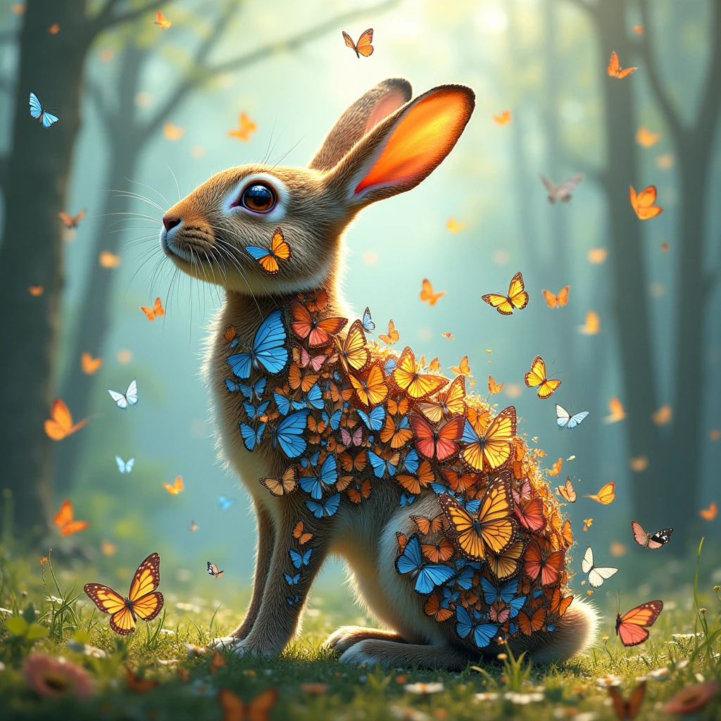 In made of butterflies art style, rabbit with background
