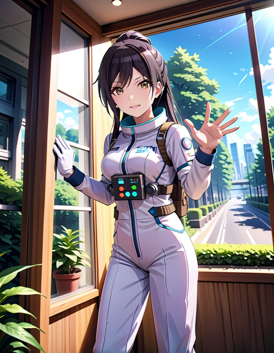 (spacesuit:1.15), white cargo pants, astronaut)bubble helmet, space helmet, white gloves , , looking close at you, outdoors, city, plant, tree, display window, day, blue sky, sunbeam, standing, masterpiece, best quality, 1girl, beautiful, solo, , shirase sakuya, srssky, black hair, straight hair ponytail, bangs, yellow eyes, large breasts, happy, waving, holding space helmet fullbody