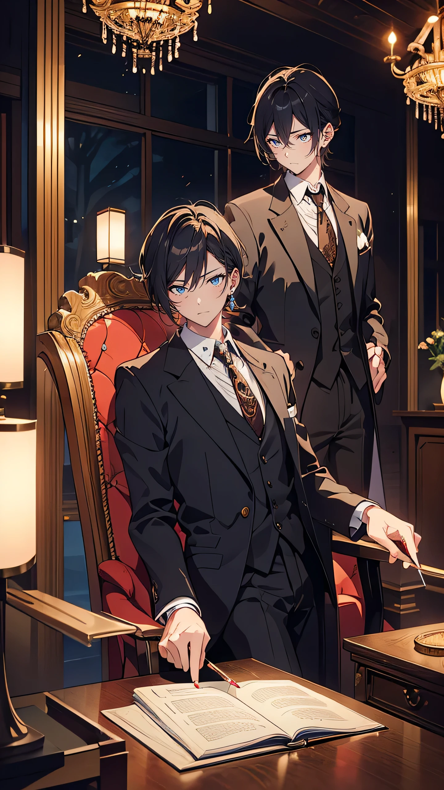 A luxurious Western-style mansion interior in Taisho-era Japan, dimly lit by chandeliers and lined with opulent furniture. Koichi Onodera, a powerful politician in an expensive Western suit, sits at a large oak desk in a richly decorated study. He leans back in his chair, calmly smoking a cigarette while two shadowy figures in formal attire whisper secrets to him. The atmosphere is thick with tension, as Onodera’s sharp, calculating eyes suggest he is plotting something sinister.

	•	Key elements: Western-style mansion, rich interior, politician in Western suit, cigarette, shadowy figures, tense atmosphere.