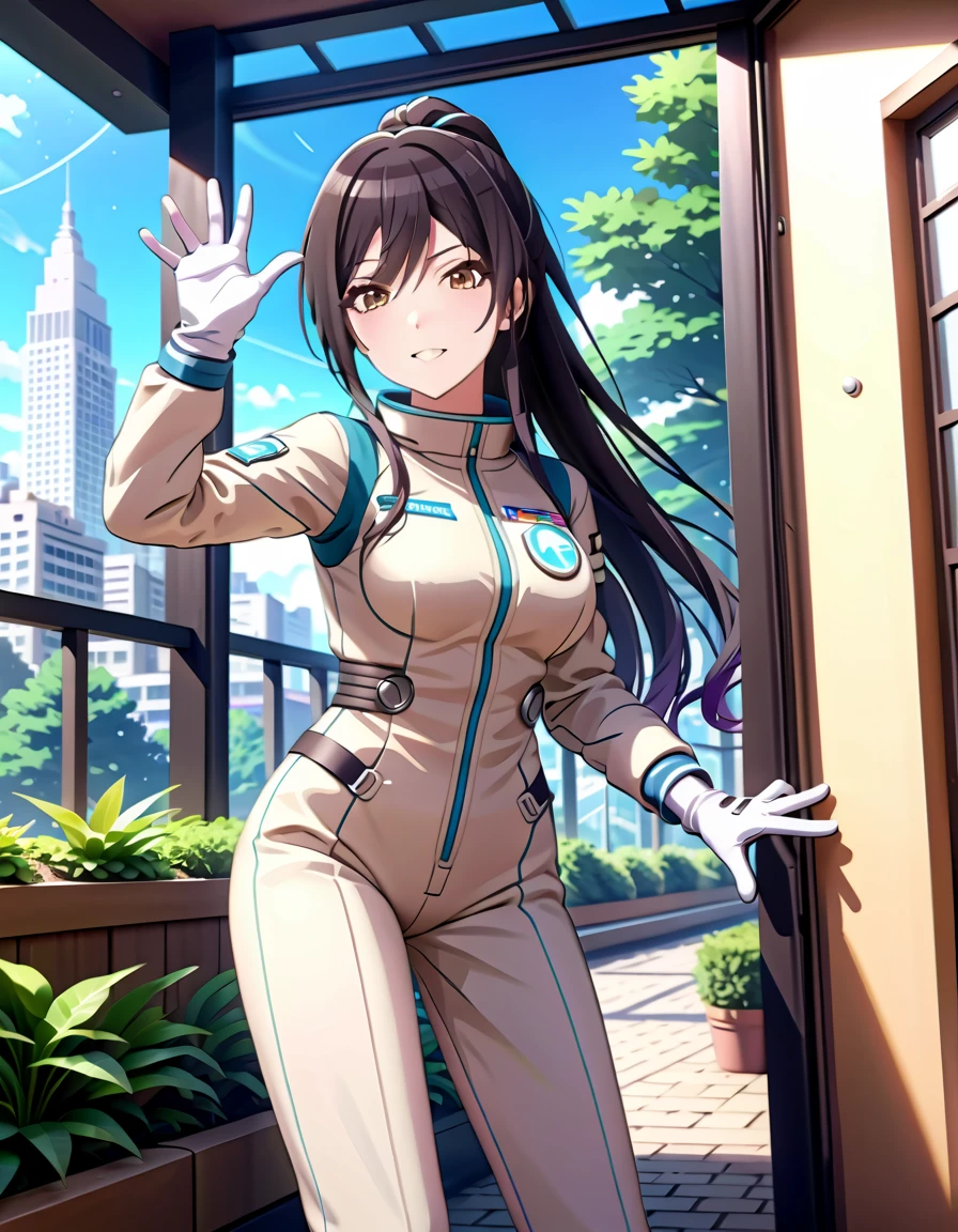 (spacesuit:1.15), white cargo pants, astronaut)bubble helmet, space helmet, white gloves , , looking close at you, outdoors, city, plant, tree, display window, day, blue sky, sunbeam, standing, masterpiece, best quality, 1girl, beautiful, solo, , shirase sakuya, srssky, black hair, straight hair ponytail, bangs, yellow eyes, large breasts, happy, waving, fullbody