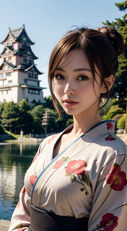 In 8K、    super high resolution   ，    best quality、    Masterpiece    ， (    Japanese Castle :1.7)，（  Big Breasts ），(   floral kimono 、 Japanese Castleの前に立っているレオタードの着物を着た人がいます  :1.7)，（    In the middle shot you can see the chest    ），(   Japanese Castle:1.3) (   brown haired chignon                       :1.2)     ，Mona Lisa&#39; smile    、  this is    、     eyelash     、    Light brown eyes with unique highlights、  pink lip gloss    、  earrings for women      (    Sexy Outfit          :1.25)、（ whole body）、 （ Above the knee photo ）、（   standing outside the castle    ），（Himeji Castle），