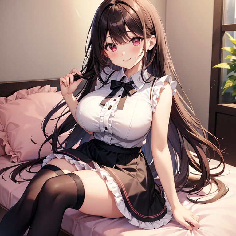 Best Quality, masutepiece, Portrait, , 1girl in, Kotegawa Yui, Black hair, Long hair, Long bangs, Brown eyes, medium udder, ((chies)), Looking at Viewer, embarassed expression,Photo from below、((Transparent dress))、((pantyhose))、((Show panties))、((See-through dresses))