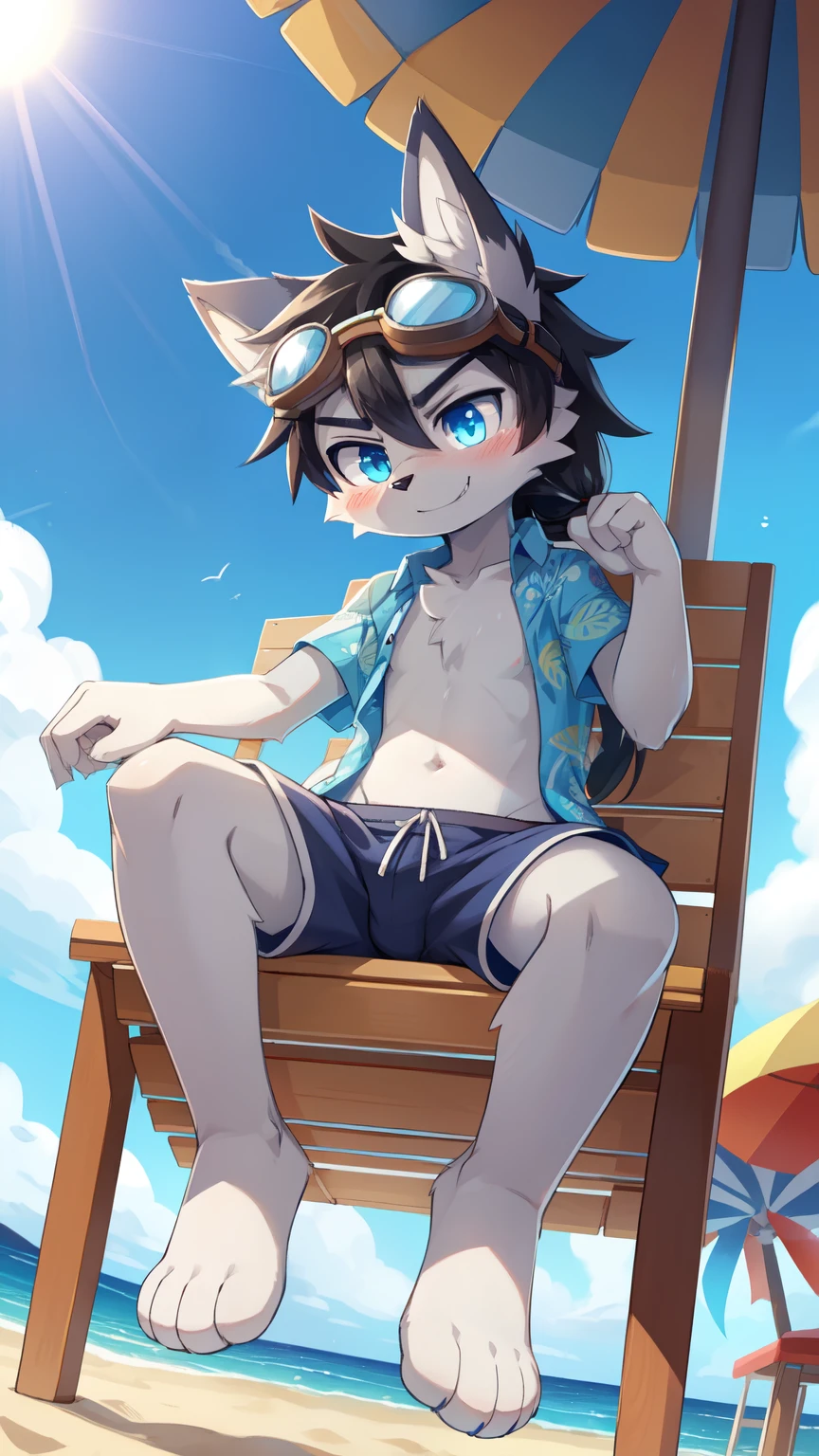 Furry shota, wolf, black hair, long spiky ponytail, blue eyes, detailed body fur, ((goggles, blue hawaiian shirt, open clothes, one shoulder off, black swim trunks)), lifted clothes, looking at another, fangs, clear grey body fur, detailed face, big eyebrows, detailed eyes, detailed body, detailed body fur, detailed hands, glistering body, shiny body, skinny, full body, feets with three toes, 3 toes, solo, beach, sit on beach towel, score_9,score_8_up,score_7_up, source_cartoon, source_furry, sit on beach chair, :3, glowing blue eyes, from above, motion blur, Birds Eye view, tentacles, trembling, blush, fangs, barefoot, restrained, spread legs,