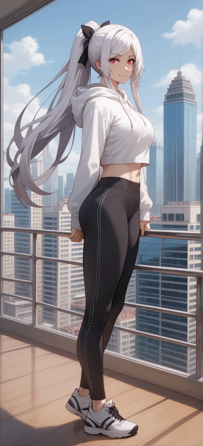 Source anime, Tall girl, Fit girl,score_9, score_8_up, score_7_up, score_6_up, uncensored, alexia midgar, long hair, , black hair ribbon, white hair, red eyes, sidelocks, ribbon, large breast, 1girl, solo, hood, sneakers, , pants, shoes, hood_down, hoodie, white_footwear, white_hoodie, city, ponytail, long_hair, standing, full_body, midriff, window, long_sleeves, cityscape, black_pants, yoga_pants, tight_pants, railing, building, ground_vehicle, from_side, cropped_hoodie, smile, looking back