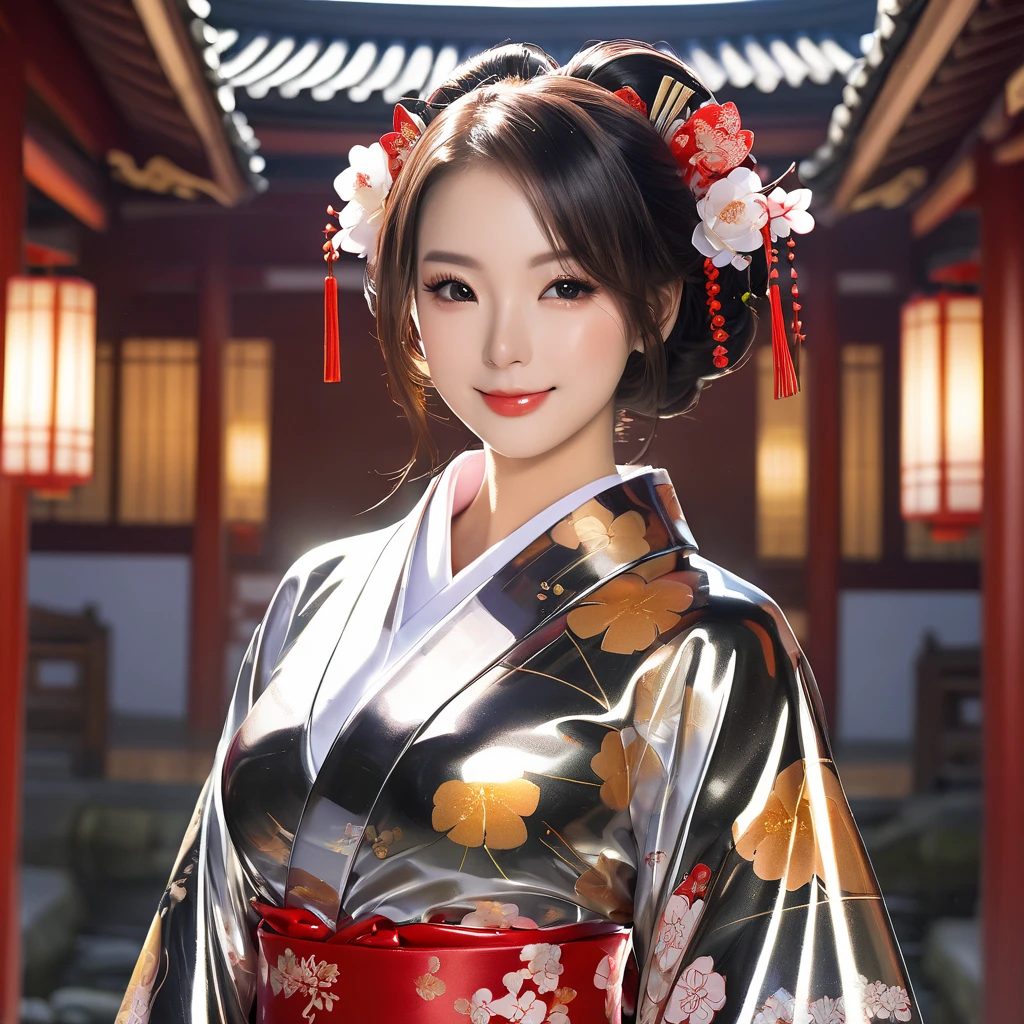 A 23-year-old geisha with sexy, flowing hair, (Photorealistic:Photorealistic, 8K Masterpiece), Plain black and white short kimono with bright neon floral details, sitting under a futuristic tree trunk (Science fiction) Against the backdrop of a bright full moon (hyper realisitic:Realistic and intricate details), Smiling: Features, (Texture and detailed atmosphere、Perfect litthing).