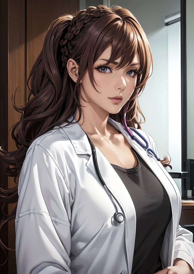 (( best quality)), (超 high definition), ( very detailed), (Detailed explanation), (( best CG  )), ( Masterpiece ), Super Fine Art 、( best quality, 8k, 32K), ( realistic :1.2), ( high definition),  very detailed,  very pretty face and eyes , 1 female、((Sexy female doctor:1.3)),  Thin Waist, Delicate body, ( best quality,  Attention to Details , Skin Details), ( best quality, 8k, Oil paints:1.2),  very detailed、(Random Hairstyle:1.7), Female doctor working the night shift at the hospital 、 a dim hallway 、 nurse station 、 pale fluorescent light 、 serious expression、(Wearing a white coat、Stethoscope hanging around neck)、Have a medical record、 in front of the computer screen 、The sound of a nurse call 、 Quiet Atmosphere 、 looks tired yet full of sense of mission、 realistic depiction 、 high definition 、Carefully crafted down to the last detail、( Seduce Your Viewers:1.7)、(( bold composition:1.6))