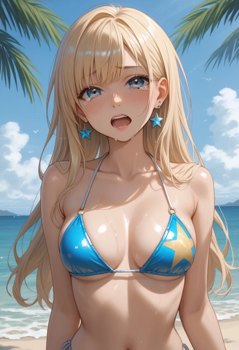 (1 girl)++, (masterpiece)+++, (best quality)+++, cowboy shot, shiny skin, slender, 7 heads high, tears , open mouth, young face, orgasm expression, embarrassed face, kuro gyaru, tanned skin, shiny bikini, beach, outdoor, big breasts, 