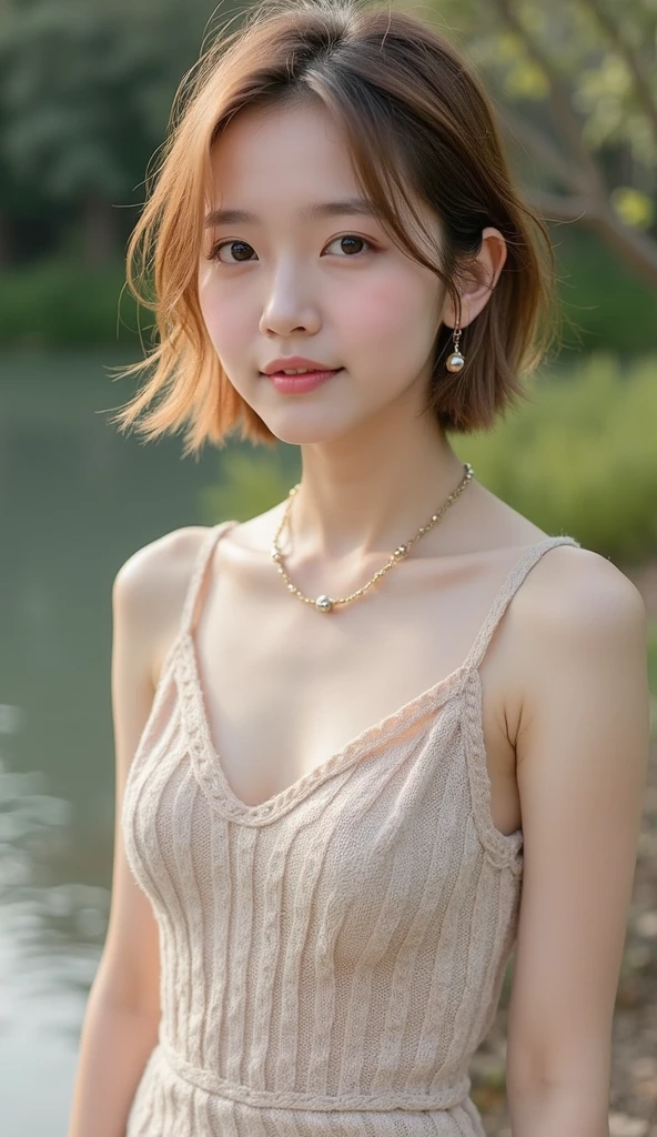 19 years old 、bangss、((( knit dress)))、Medium milk, cute  face、(Butt sticking out pose)、(turned around)、sexy hips、Parks with lakes、Big necklace、earrings、Photos showing the whole body((Short Hair))(Blonde)( Korean beauty)