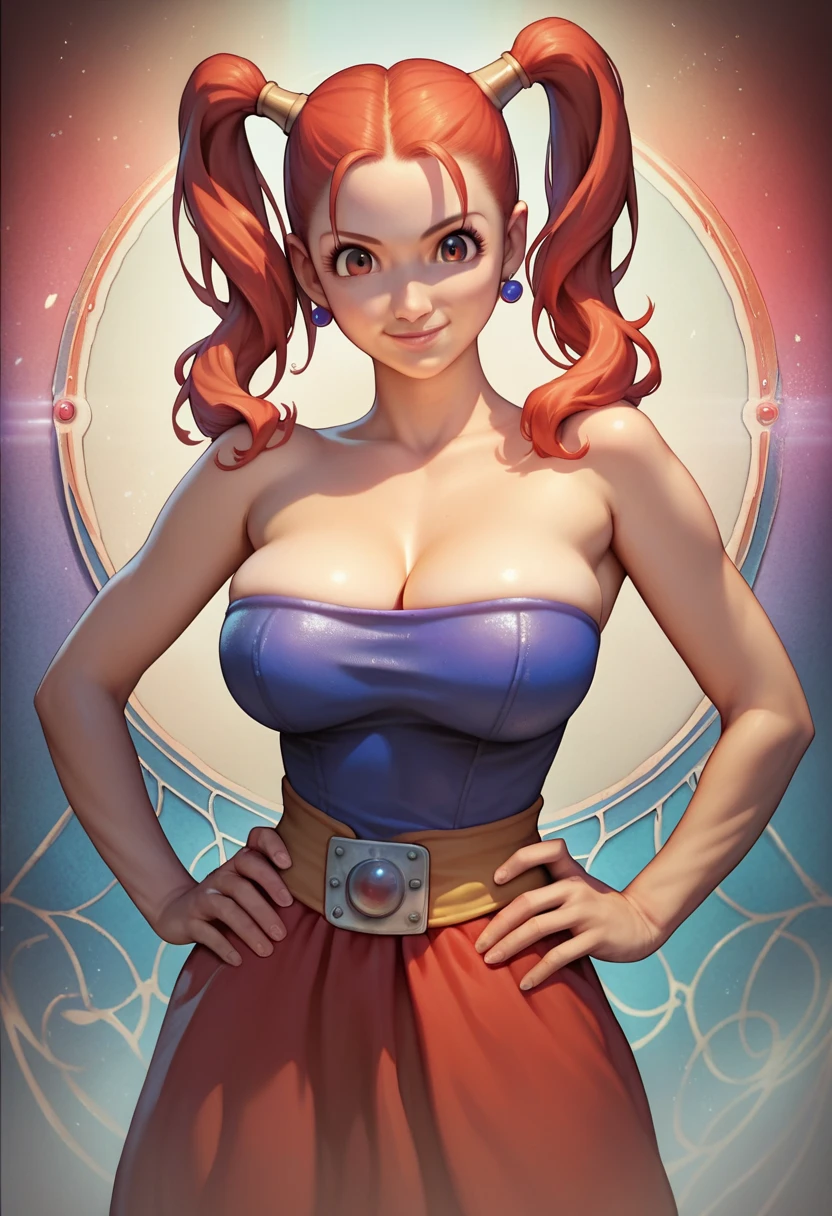  1 girl, Alone,  standing,  Confident Look ,  put your hands on your hips , Bare shoulders, Red Hair,  twin tails,  young woman,  Jessica Albert , Dragon Quest VIII ,  clevis,smile, Big Breasts, amount, hair intakes,  Jessica Albert  clothes, Long Red Skirt,  vibrant colors, Realistic lighting,  detailed skin,  detailed face ,  Front Shot ,  Leaning on the Camera ,  Masterpiece ,  best quality,  detailed background,  anime style ,  high definition ,  high definition,  complicated,  sharp concentration,  cute face