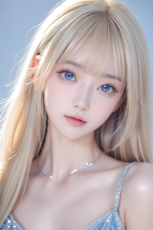  a sexy  old with dazzling shiny blond hair 、 the cutest baby face in the world 、Sparkling bangs dancing in front of her pretty face、Long, silky bangs that cover the eyes、Clear, big eyes that shine an incredibly bright light blue 、 super long straight hair with detailed grey background、 cute young woman's ridiculously long, super long blond shiny bright hair