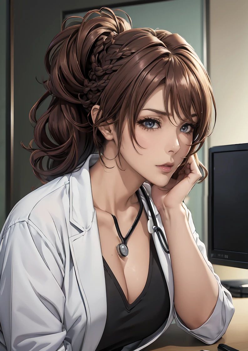 (( best quality)), (超 high definition), ( very detailed), (Detailed explanation), (( best CG  )), ( Masterpiece ), Super Fine Art 、( best quality, 8k, 32K), ( realistic :1.2), ( high definition),  very detailed,  very pretty face and eyes , 1 female、((Sexy female doctor:1.3)),  Thin Waist, Delicate body, ( best quality,  Attention to Details , Skin Details), ( best quality, 8k, Oil paints:1.2),  very detailed、(Random Hairstyle:1.7), Female doctor working the night shift at the hospital 、 a dim hallway 、 nurse station 、 pale fluorescent light 、 serious expression、(Wearing a white coat、Stethoscope hanging around neck)、Have a medical record、 in front of the computer screen 、The sound of a nurse call 、 Quiet Atmosphere 、 looks tired yet full of sense of mission、 realistic depiction 、 high definition 、Carefully crafted down to the last detail、( Seduce Your Viewers:1.7)、(( bold composition:1.6))