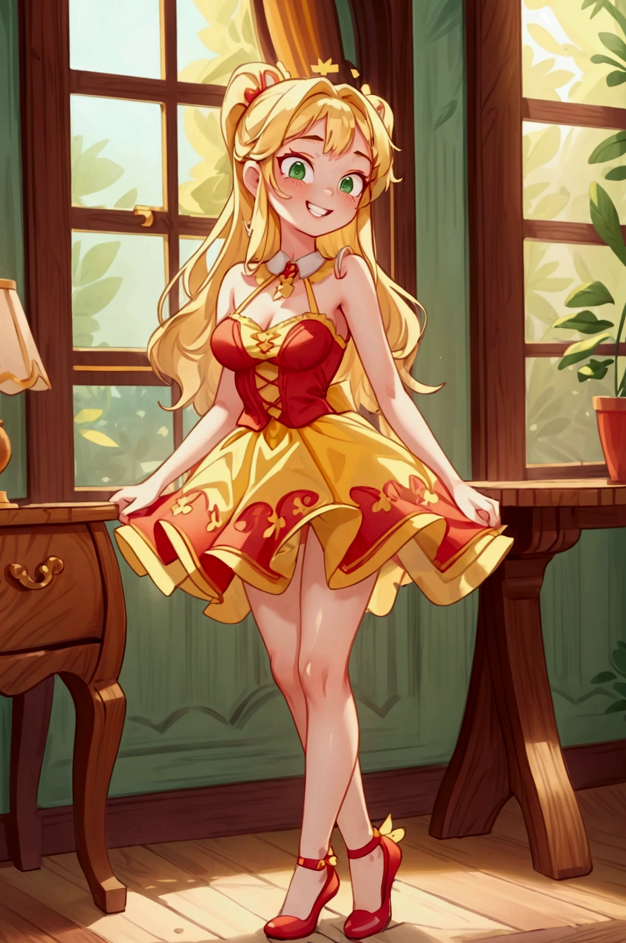 (Masterpiece, best quality) 1 girl, standing indoors with intricate details and sunlight, red and yellow frilled dress with short neckline, red shoes, blonde long hair, green eyes, sexy smile, teeth showing, sexy pose, coquette, confidense acttitude, beautiful long legs, mature teen girl, gorgeous body, pronounced breasts.