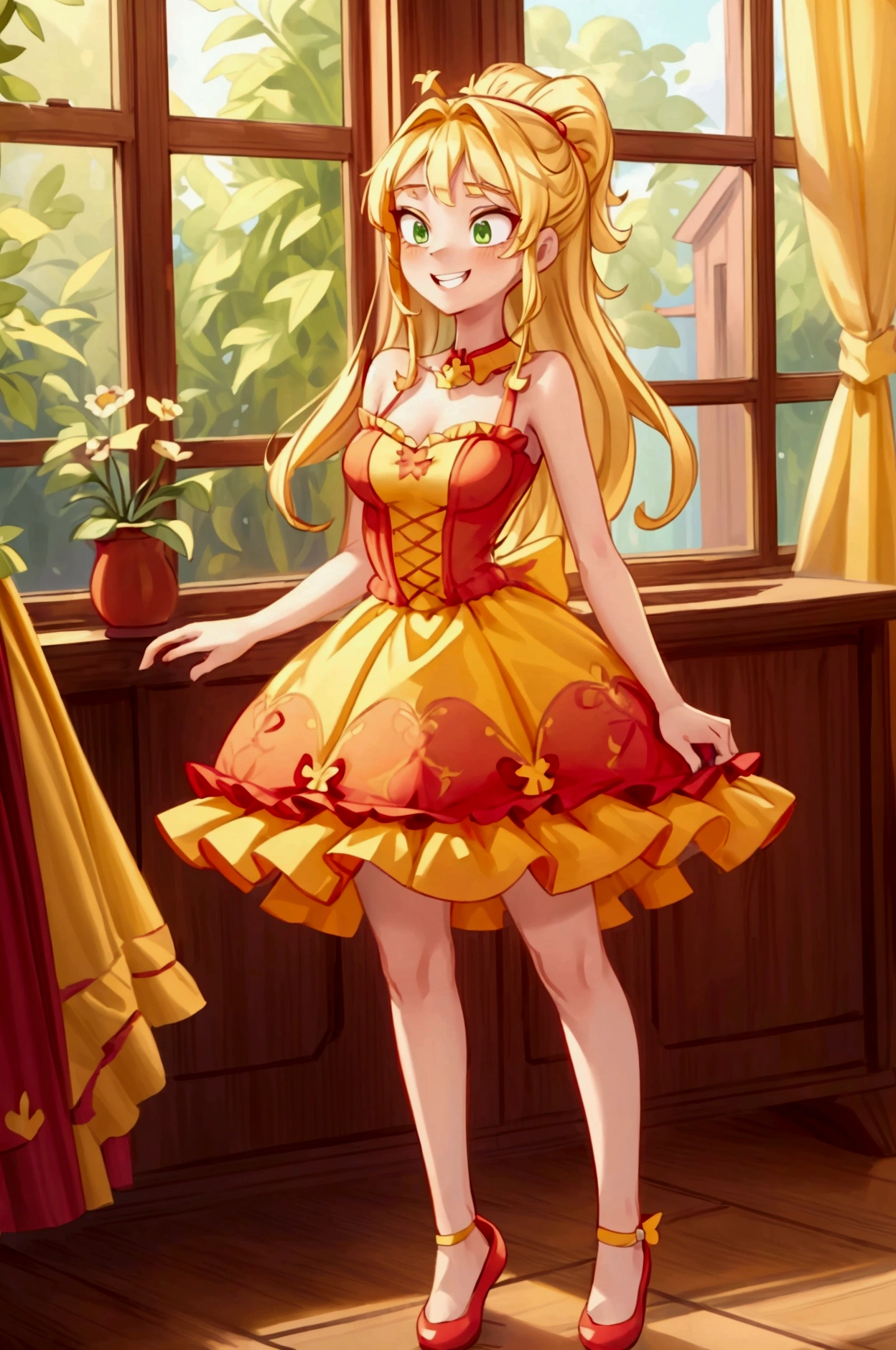 (Masterpiece, best quality) 1 girl, standing indoors with intricate details and sunlight, red and yellow frilled dress with short neckline, red shoes, blonde long hair, green eyes, sexy smile, teeth showing, sexy pose, coquette, confidense acttitude, beautiful long legs, mature teen girl, gorgeous body, pronounced breasts.