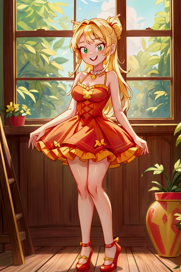 (Masterpiece, best quality) 1 girl, standing indoors with intricate details and sunlight, red and yellow frilled dress with short neckline, red shoes, blonde long hair, green eyes, sexy smile, teeth showing, sexy pose, coquette, confidense acttitude, beautiful long legs, mature teen girl, gorgeous body, pronounced breasts.