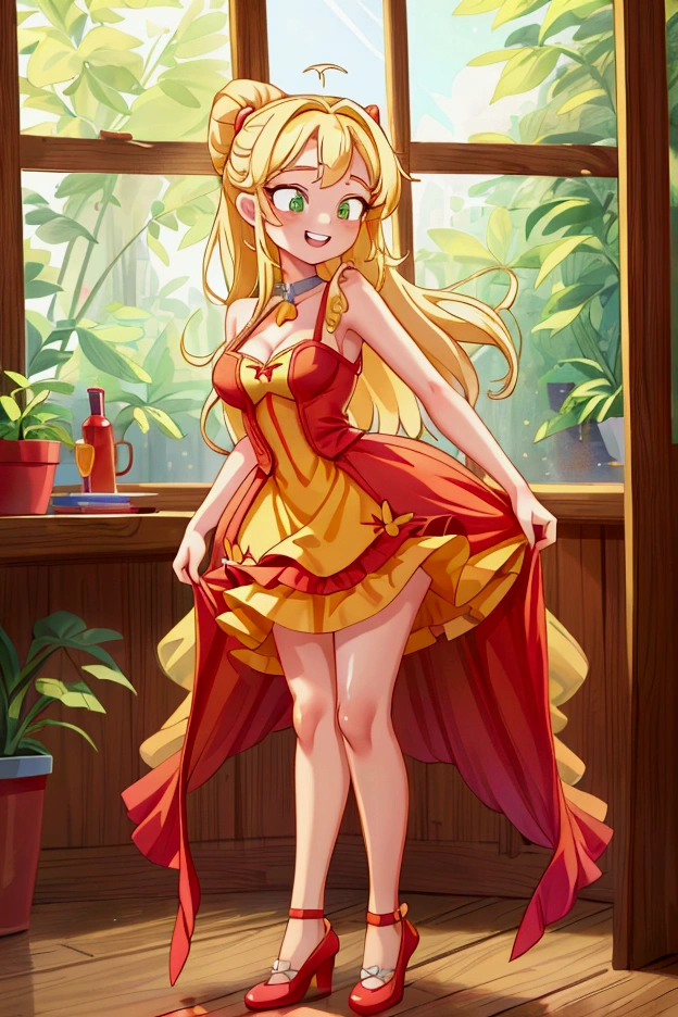 (Masterpiece, best quality) 1 girl, standing indoors with intricate details and sunlight, red and yellow frilled dress with short neckline, red shoes, blonde long hair, green eyes, sexy smile, teeth showing, sexy pose, coquette, confidense acttitude, beautiful long legs, mature teen girl, gorgeous body, pronounced breasts.