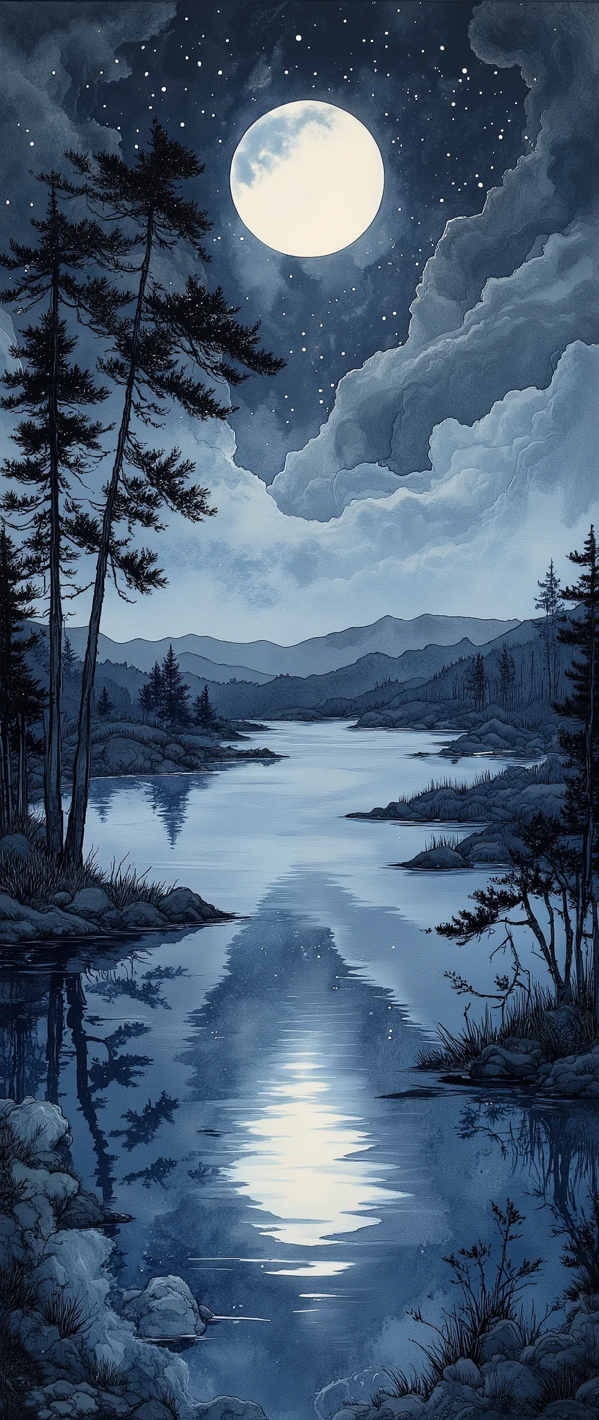 (masterpiece:1.2,Outstanding quality,Mirror finish, Best Illustration ),8k,16k,wallpaper,(Quiet Lake),(morning haze),(Quiet Lake畔の森の小屋),(night),(Moonlight),(Watercolor),( Dynamic ),(美しい gradient ),(Tranquility),(dark and quiet atmosphere :1.6),(wash),(Stay wet),(Layering),(  gradient  )