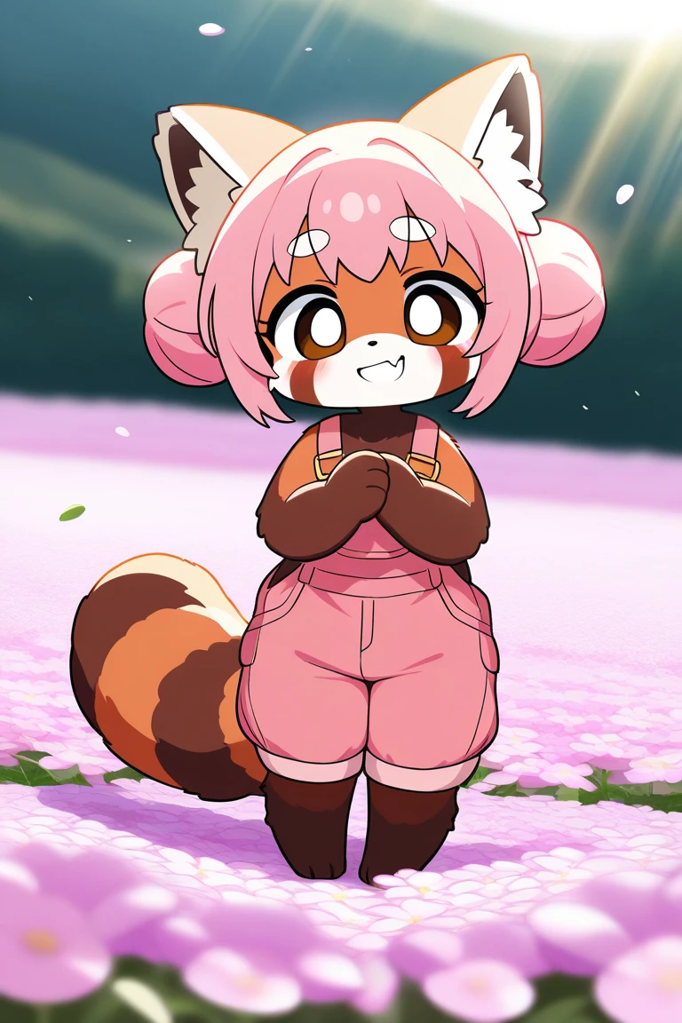 1girl, kemono style, full body, red panda ears, striped fluffy tail, soft brown fur on arms, pastel pink hair in twin buns, big round eyes, visible fang in a cheerful grin, wearing a cute overalls outfit, animal paws with pink paw beans, standing in a flower field, bright sunlight, playful atmosphere