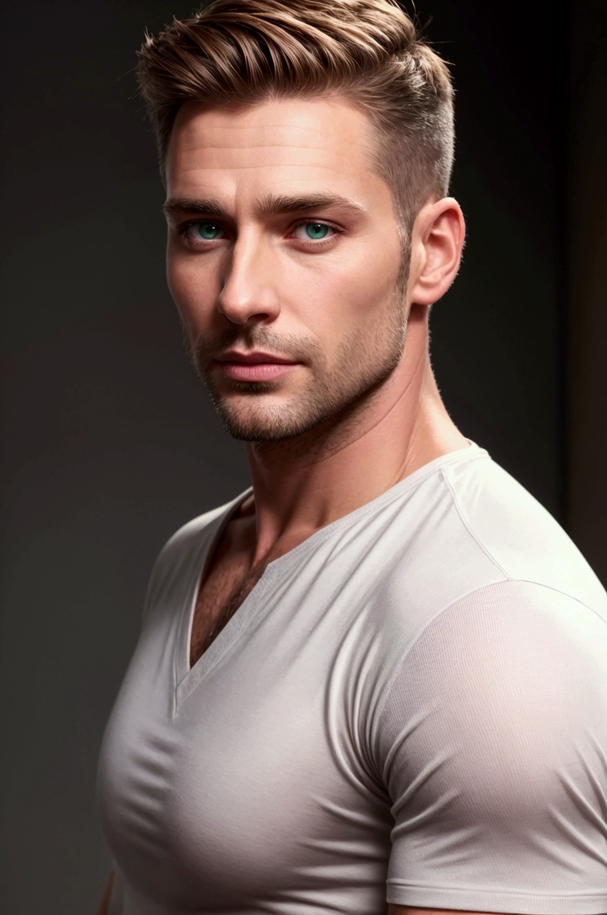 ( better quality ,highres), attractive 40-year-old Caucasian man with distinguished features , athletic build, high height,  Light brown hair of medium length , clean-cut gradient haircut , intriguing green eyes,  seductive smile with a soft expression ,  He wore a black V-neck shirt , , Detailed description of facial features ,  perfectly symmetrical face , sharp details,ultra-thin representation , studio lighting that masterfully accentuates his excellent features,