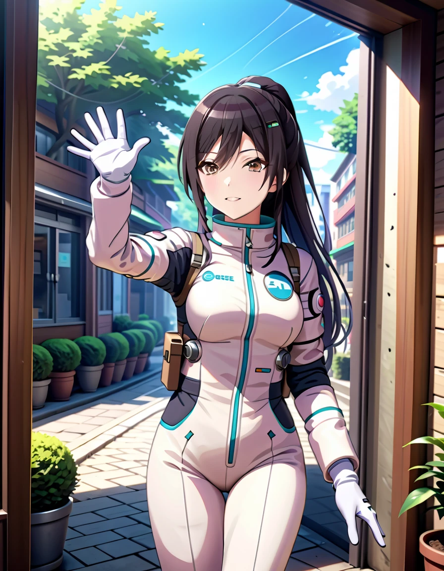 (spacesuit:1.15), white cargo pants, astronaut)bubble helmet, space helmet, white gloves , , looking close at you, outdoors, city, plant, tree, display window, day, blue sky, sunbeam, standing, masterpiece, best quality, 1girl, beautiful, solo, , shirase sakuya, srssky, black hair, straight hair ponytail, bangs, yellow eyes, large breasts, happy, waving, fullbody