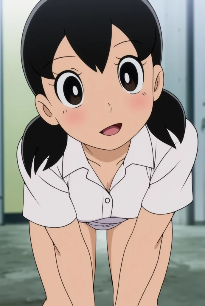 Score_9,Score_8_up,Score_7_up,highest quality anime,masterpiece,extremely detailed,depth of field,high-resolution,1 girl,slim,(black long hair,straight bangs),(Ideal slender proportions),(white shirt,uniform),(leaning forward),(opening the collar of her shirt,to reveal her cleavage),(evil smile:1.2),staring up at me,view from above