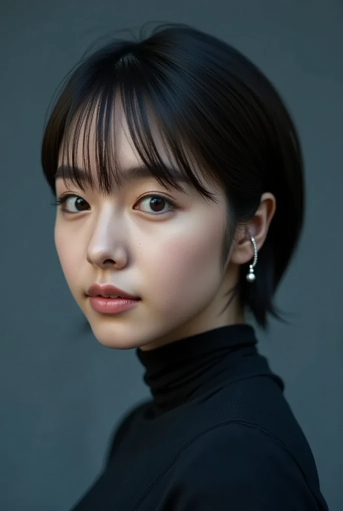 (8k, RAW Photo, Best Quality, Masterpiece:1.2), Ultra Detail, Super Resolution, (Realistic, Realistic Photo:1.37), Portrait, High Detail RAW Color Photo, Professional Photo, Extremely Detailed and Beautiful, Extremely detailed, 8k wallpaper, amazing and detailed, huge file size, official art, highly detailed CG unity 8k wallpaper, highly detailed beautiful girl, highly detailed face, highly detailed eyes, highly detailed skin, highly detailed fingers, highly detailed nose, very detailed detailed mouth , perfect anatomy, highly detailed background, highly detailed clothes, 1girl, (20:1.2), 20s, cute girl, realistic body, petite, fair skin, glowing skin , slim body, handsome body, black hair , short hair, (blunt bangs:1.2), smile, cute, youthful, cute face, realistic face, delicate eyes, drooping eyes, lingerie, see-through, earrings, looking at viewer, facing front, standing posture, Contraposto, dynamic lighting, very large breasts,