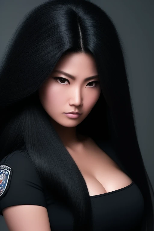 jet black hair,most very long hair,most very lion hair,most very wolf hair,most very frizzy hair,coarse hair,most very spread hairstyle,thick hair,fluffy hair,most very heavy weight hair,hair covering left eye,heavy looking hairstyle,most very voluminous hair,shiny jet black hair,female jail officer,black uniform,a heavy-looking uniform,black pants,tall woman,1 Japanese woman,woman's height 2.2m,most very strong face,most very angry face,black eyes,very close-up to face,most very muscle body,most very beautiful face,show more hair,high resolution,white background