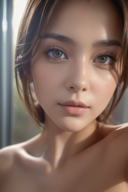 8k,  best quality,   Masterpiece ,  super high resolution, ( realism: 1.4), Original photo, ( realistic skin texture : 1.3), ( Film Grain: 1.3), ( selfie angle ),  1 girl, Beautiful Face Details,   Masterpiece ,  best quality, close-up, Top Body High Quality Photo Stretched,  nude, explicit adult content