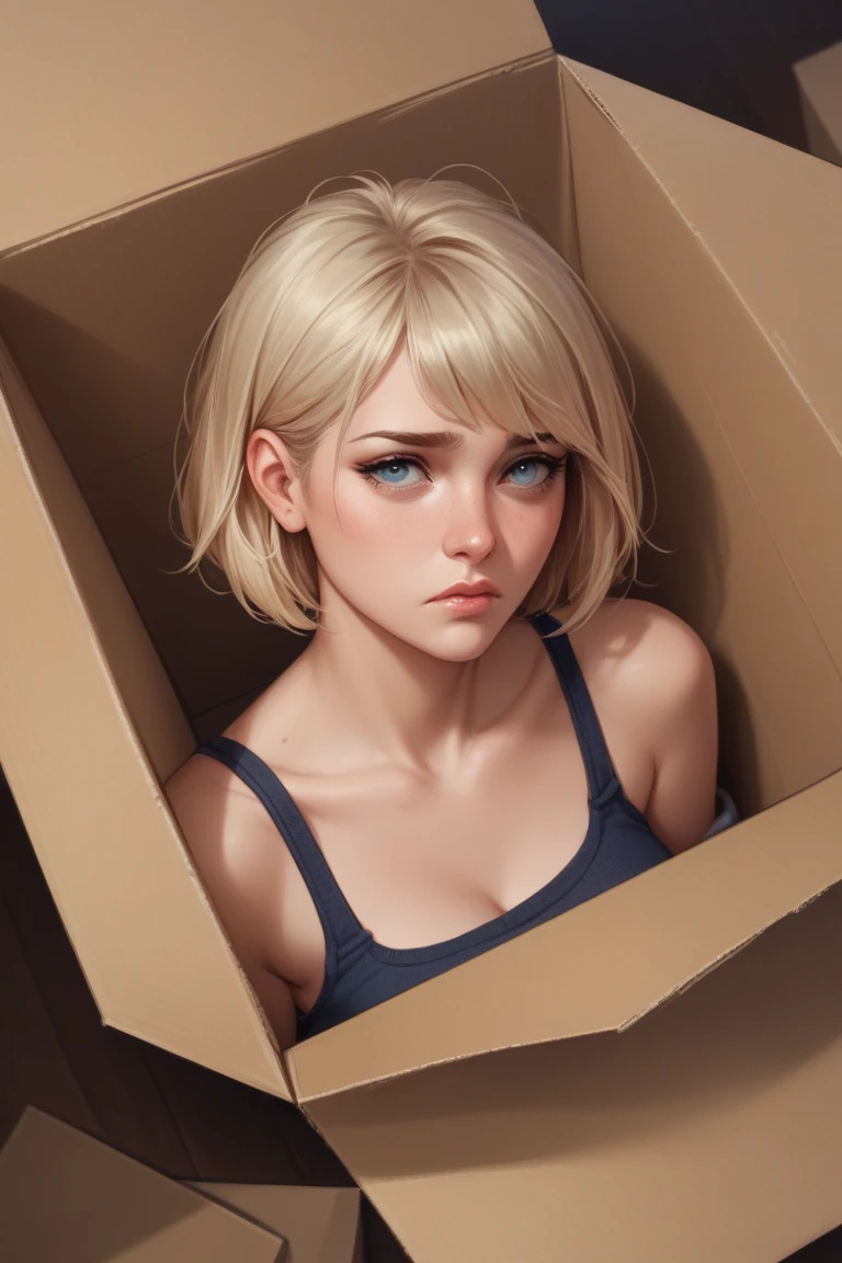 In a semi-realistic anime art style, a woman with short blonde hair is in a living room packing a cardboard box with a sad look on her face.