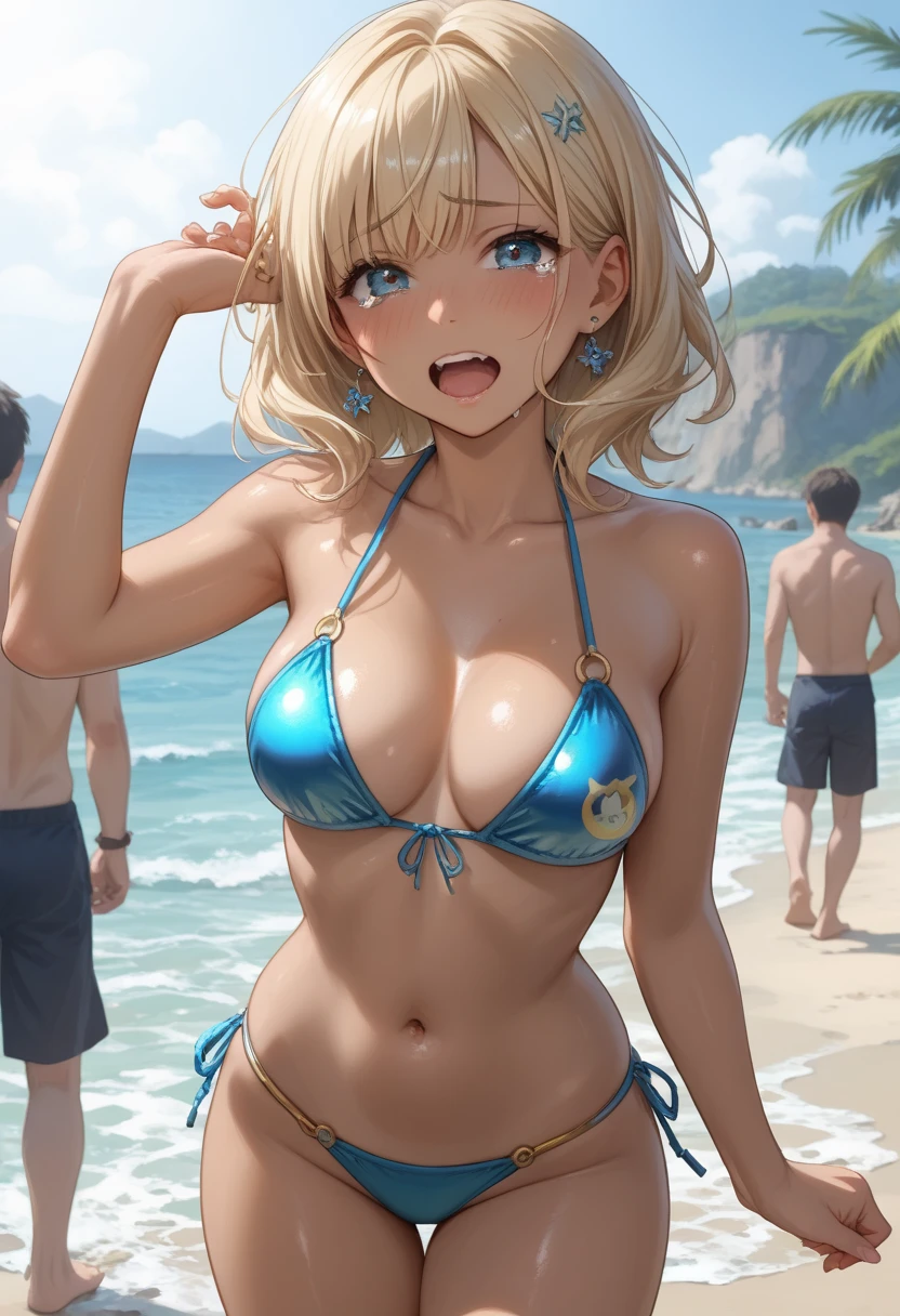 (1 girl)++, (masterpiece)+++, (best quality)+++, cowboy shot, shiny skin, slender, 7 heads high, tears , open mouth, young face, orgasm expression, embarrassed face, kuro gyaru, tanned skin, shiny bikini, beach, outdoor, big breasts, 