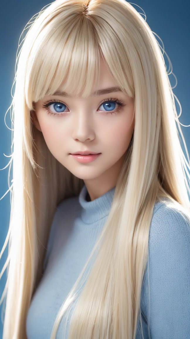  a sexy  old with dazzling shiny blond hair 、 the cutest baby face in the world 、Sparkling bangs dancing in front of her pretty face、Long, silky bangs that cover the eyes、Clear, big eyes that shine an incredibly bright light blue 、 super long straight hair with detailed grey background、 cute young woman's ridiculously long, super long blond shiny bright hair