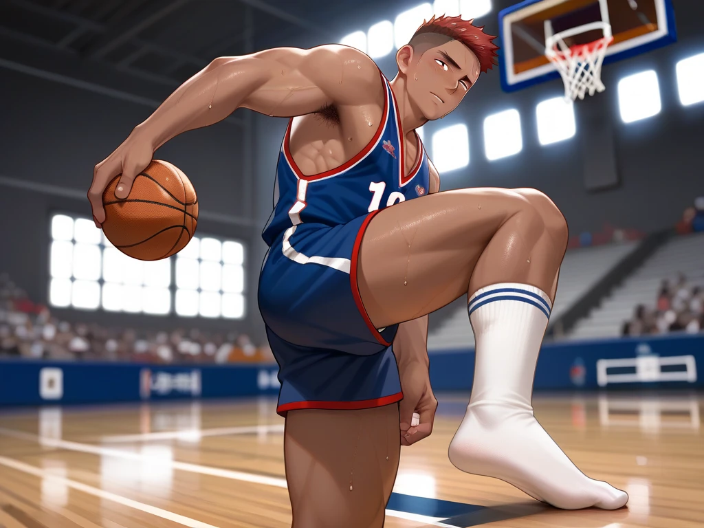 male, male性的な, Hairy, Red Hair, sweat,  basketball player,  I have a basketball, whole body, barefoot, Big Feet,  white socks , Play basketball, (Alone), 1 person,crew cut,blush,tan,pubic hair,gay,public indecency,muscle,forehead,undress,armpit,uniform,look back,anal juice,cumdrip,dribbling,panties