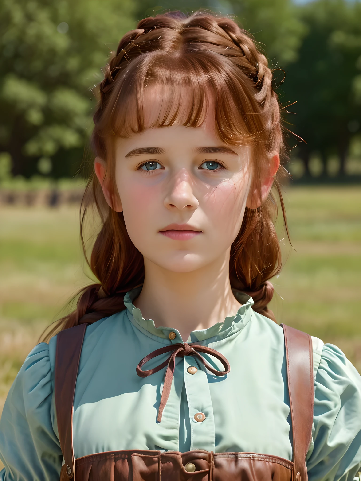 (best quality,4k,8k,highres,masterpiece:1.2),ultra-detailed,(realistic,photorealistic,photo-realistic:1.37), ((mittelalter, a young peasant girl, she works on field, solo, shy)), ((very large bust size for her young age)), braided red hair, pale skin