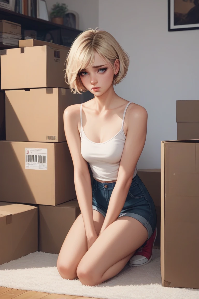 In a semi-realistic anime art style, a woman with short blonde hair is in a living room kneeling next to a cardboard box with a sad look on her face.