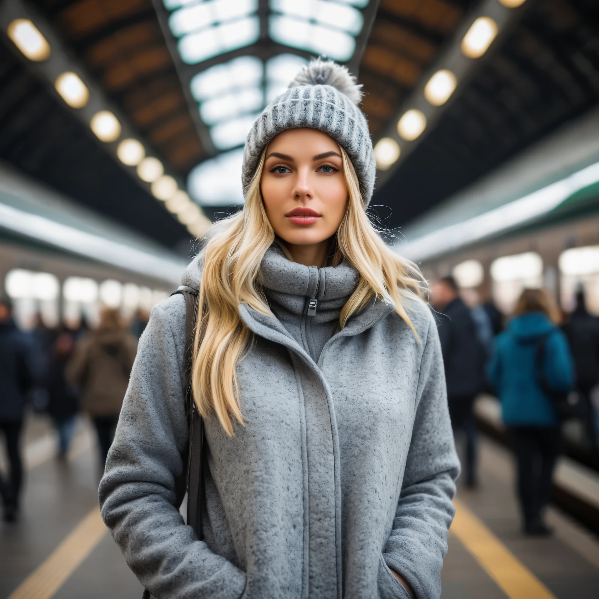 a professional portrait photography of a beautiful young blond woman standing in train station; detailed beautiful face; she wearing an fleece coat, sweatpants and gray wool hat; winter season; cozy atmosphere; diffused light; soft focus; depth of field; intricate detailed;