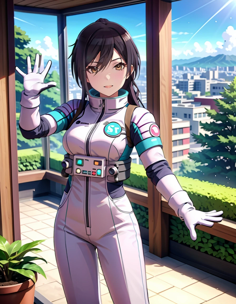 (spacesuit:1.15), white cargo pants, astronaut)bubble helmet, space helmet, white gloves , , looking close at you, outdoors, city, plant, tree, display window, day, blue sky, sunbeam, standing, masterpiece, best quality, 1girl, beautiful, solo, , shirase sakuya, srssky, black hair, straight hair ponytail, bangs, yellow eyes, large breasts, happy, waving, fullbody