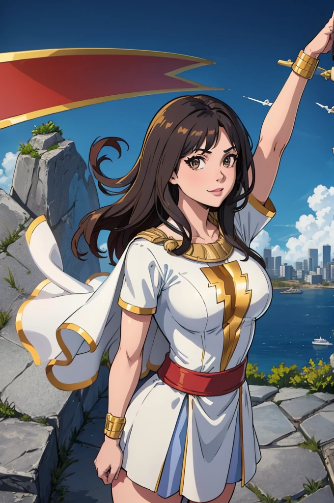 best quality,masterpiece,looking at viewer,absurdres,1girl,score_9,score_8_up,score_7_up,source_anime BREAK   mary marvel, white cape, red dress, red skirt, short sleeves, bracer, large breasts, smile, looking at viewer, blue sky, clouds, cityscape, (flying:1.4), upper body, from above, arm up, fist, hand to hip