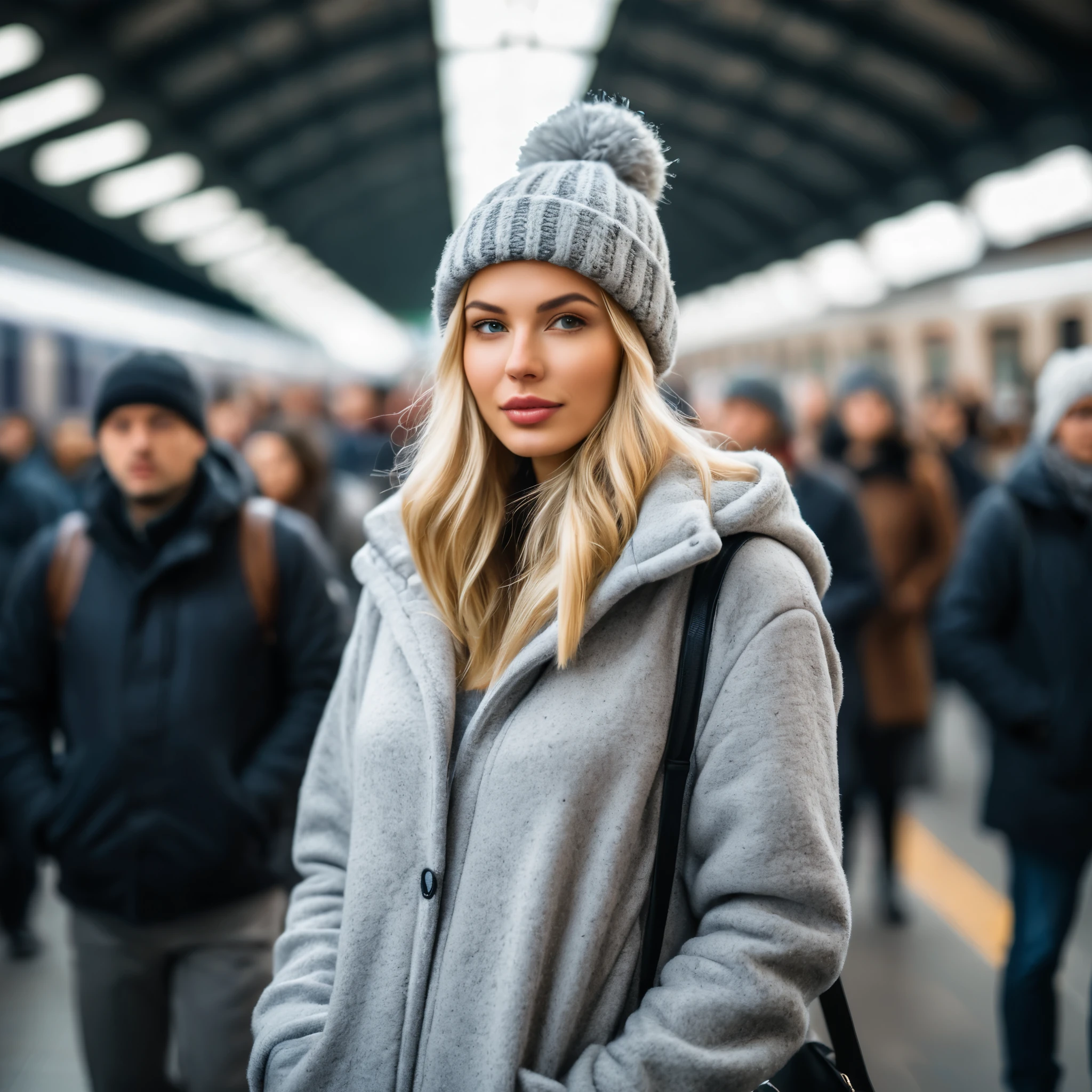 a professional portrait photography of a beautiful young blond woman standing in train station; detailed beautiful face; she wearing an fleece coat, sweatpants and gray wool hat; winter season; cozy atmosphere; diffused light; soft focus; depth of field; intricate detailed;