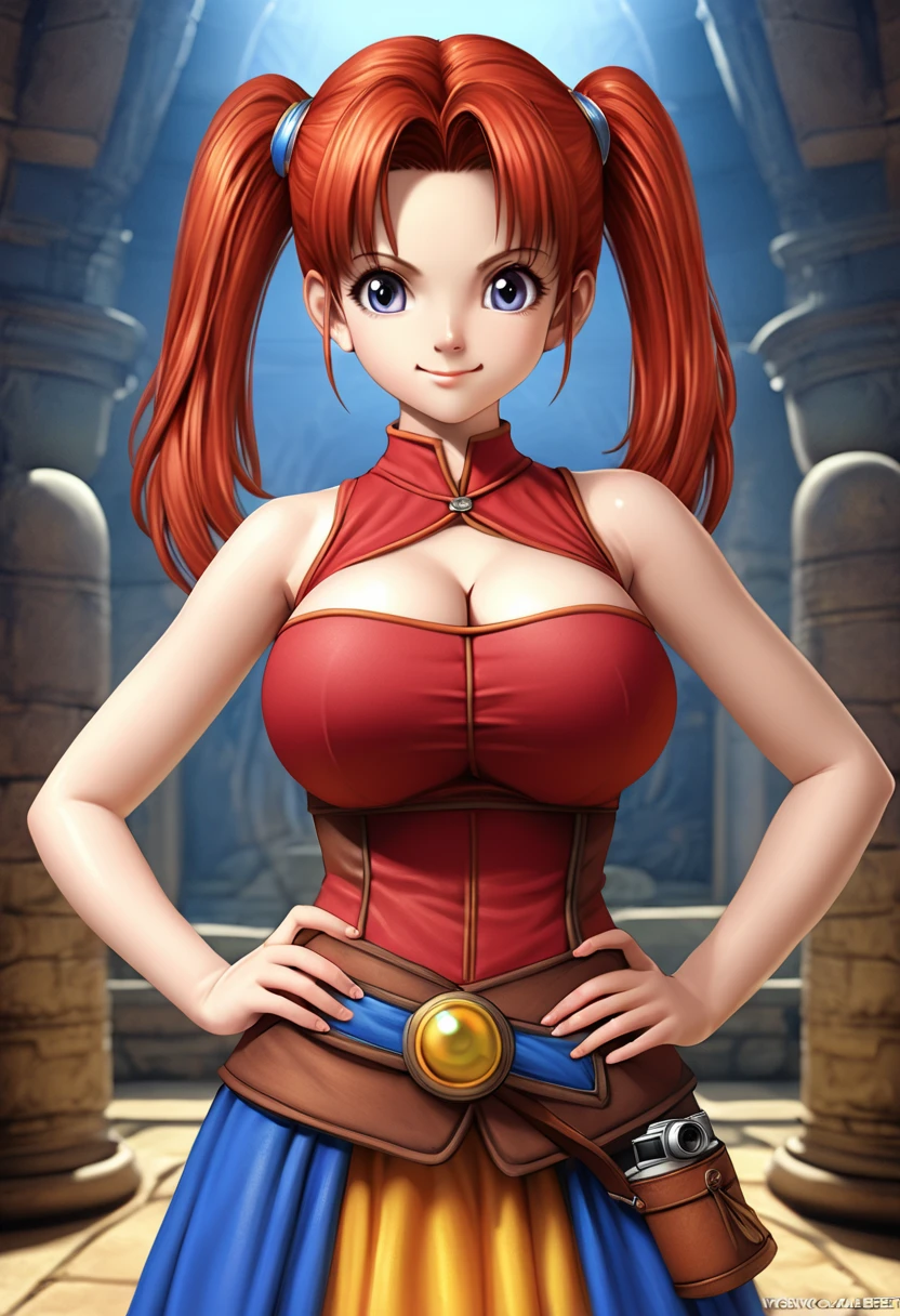  1 girl, Alone,  standing,  Confident Look ,  put your hands on your hips , Bare shoulders, Red Hair,  twin tails,  young woman,  Jessica Albert , Dragon Quest VIII ,  clevis,smile, Big Breasts, amount, hair intakes,  Jessica Albert  clothes, Long Red Skirt,  vibrant colors, Realistic lighting,  detailed skin,  detailed face ,  Front Shot ,  Leaning on the Camera ,  Masterpiece ,  best quality,  detailed background,  anime style ,  high definition ,  high definition,  complicated,  sharp concentration,  cute face