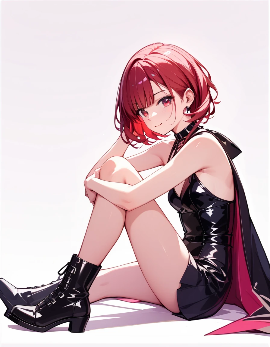 woman, curly red pixie cut hair, green eyes, wearing crop top black shirt, long black jacket, red plaid skirt, (black knee high boots), black fingerless gloves, exposed shoulders, (full body), large breasts freckles, cleavage, abs, looking at viewer, masterpiece, best quality, an14, Holo-Punk Style, sitting cross legged