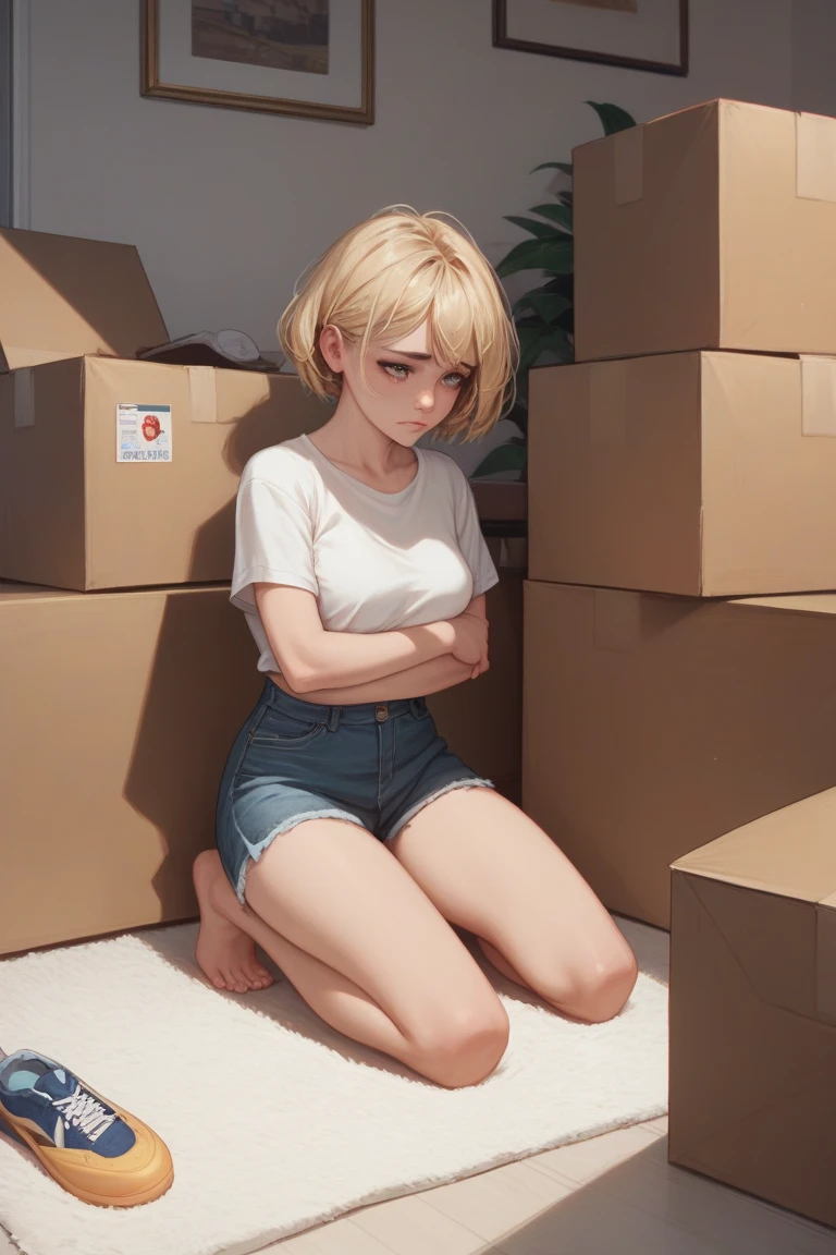 In an anime art style, an adult woman with short blonde hair is in a living room kneeling next to a cardboard box with a sad look on her face.