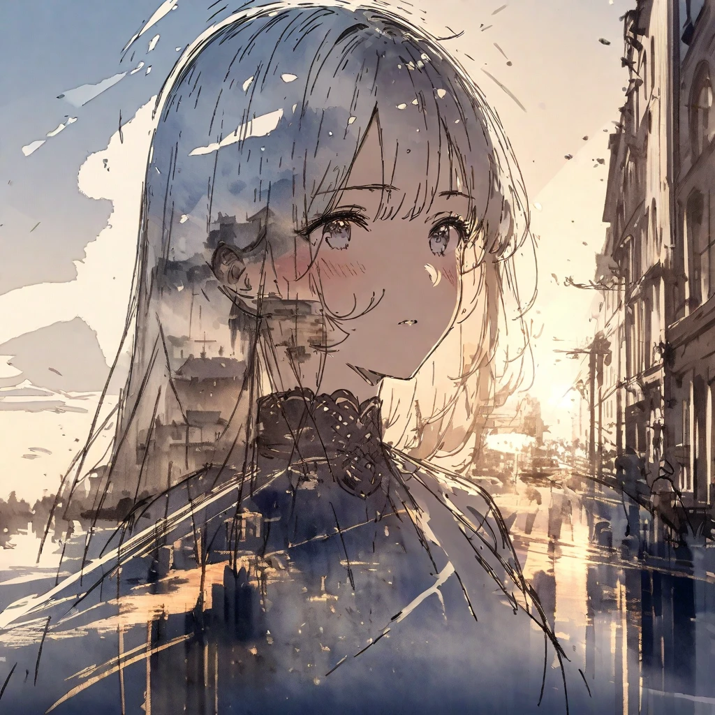 ((sketch:1.5)), ((watercolor:1)), Double Exposure of a Beautiful and Delicate Woman (The face is clear and perfect)image，Background、 Perfect Ultra Detailed Victorian Scenery , beautiful, beautiful笑顔, complicated illustration,  Artwork Concept Artwork, break,(There is also value in driving on a congested road),