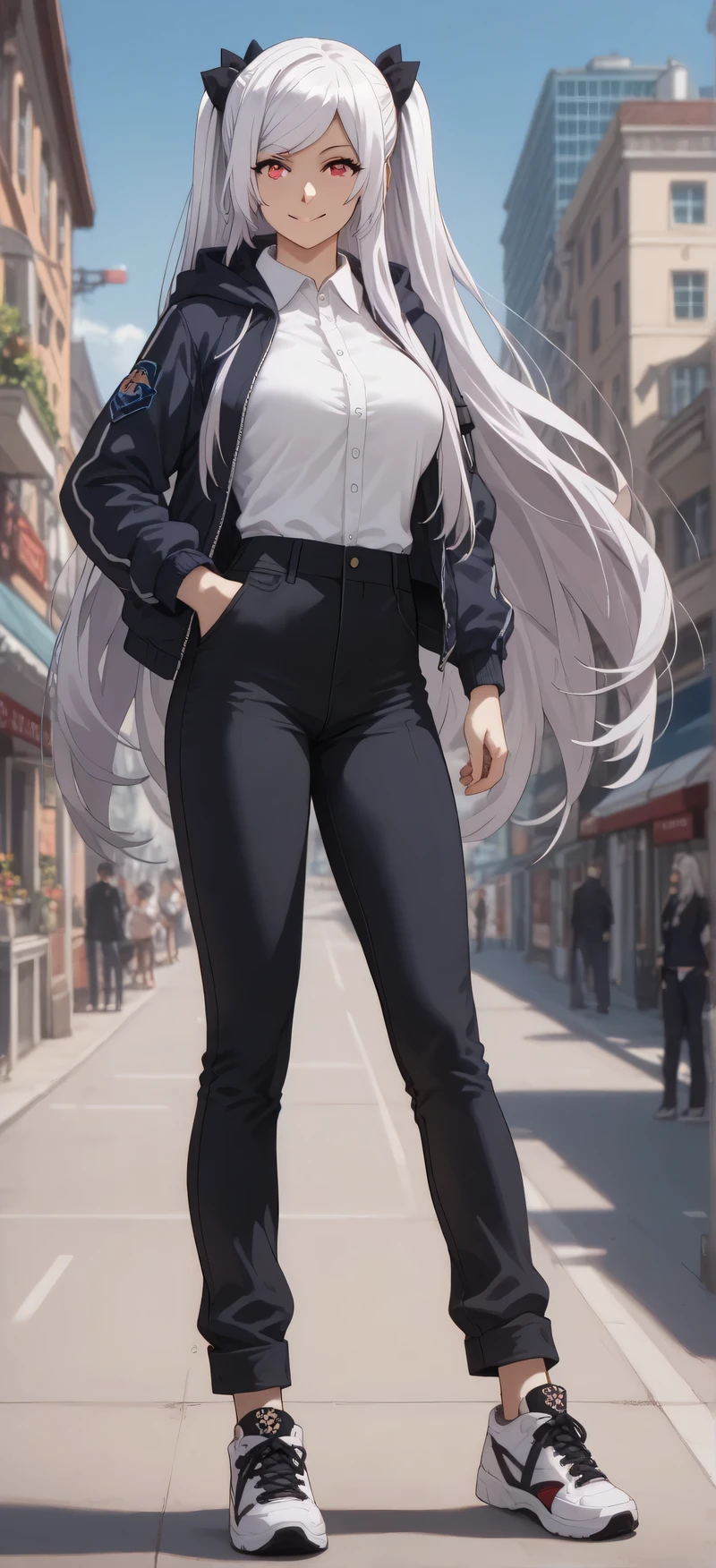 Source anime, Tall girl, Fit girl,score_9, score_8_up, score_7_up, score_6_up, uncensored, alexia midgar, long hair, , black hair ribbon, white hair, red eyes, sidelocks, ribbon, large breast, 1girl, solo, black_hair, pants, white_footwear, jacket, shoes, full_body, sneakers, hood, black_pants, standing, outdoors, looking_at_viewer, smile, detail focus face