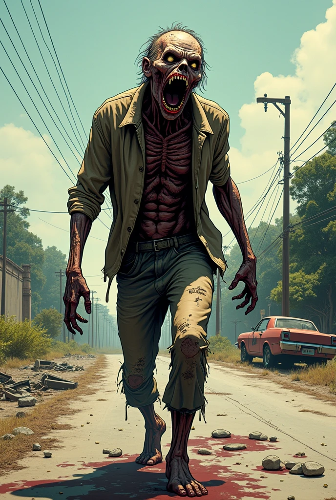 apocalipsis zombie, muchos zombies por las calles, noche oscura con tormentas electricas, coches y cuerpos esparcidos por todos los lados