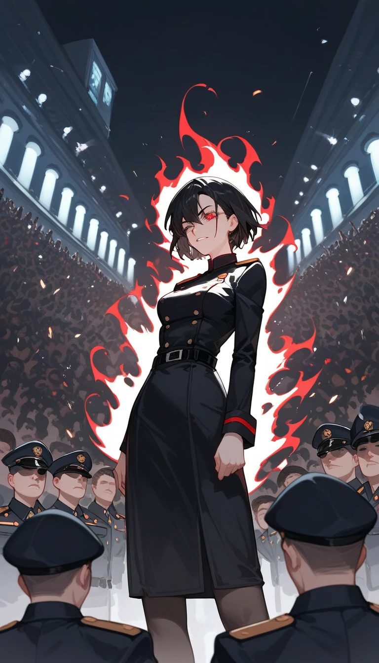 girl,Thin Black Hair, Slightly White , in red eyes , pretty short hair , villains,Black and white sharp lines, Evil,Crowd of Crows ,Black dress with long sleeves, Chestnut-sized, Black long-sleeved shirt ,Aura Death ,Suriyakath ,Army, with thin hair in white