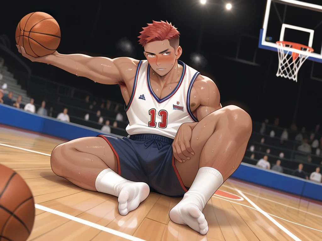 male, male性的な, Hairy, Red Hair, sweat,  basketball player,  I have a basketball, whole body, barefoot, Big Feet,  white socks , Play basketball, (Alone), 1 person,crew cut,blush,tan,pubic hair,gay,public indecency,muscle,forehead,undress,armpit,uniform,dribbling,panties