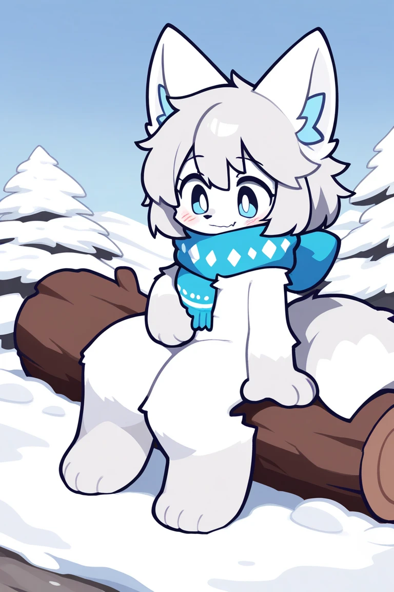 Kemono boy, full body, snow fox ears, fluffy tail, white fur, light gray hair, soft blue eyes, shy smile, visible fang, winter-themed scarf, animal paws, pale paw beans, sitting on a log, snowy cabin, cozy scene, soft textures