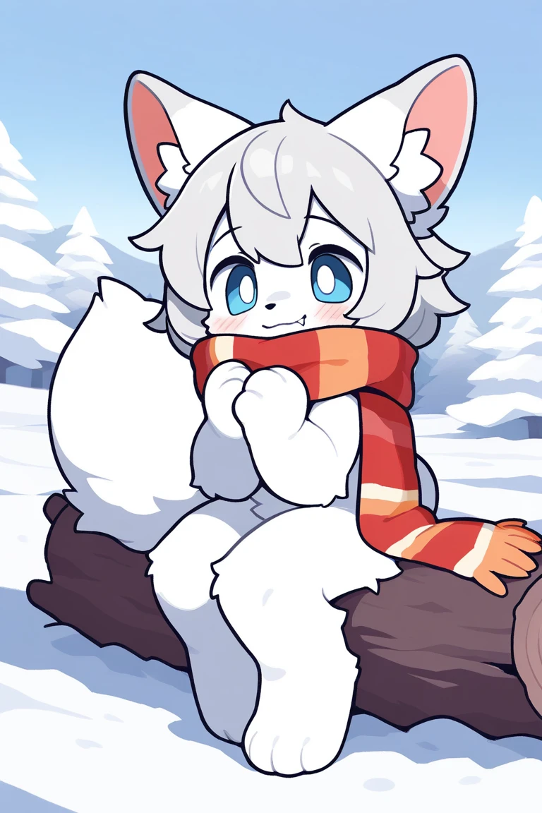 Kemono boy, full body, snow fox ears, fluffy tail, white fur, light gray hair, soft blue eyes, shy smile, visible fang, winter-themed scarf, animal paws, pale paw beans, sitting on a log, snowy cabin, cozy scene, soft textures