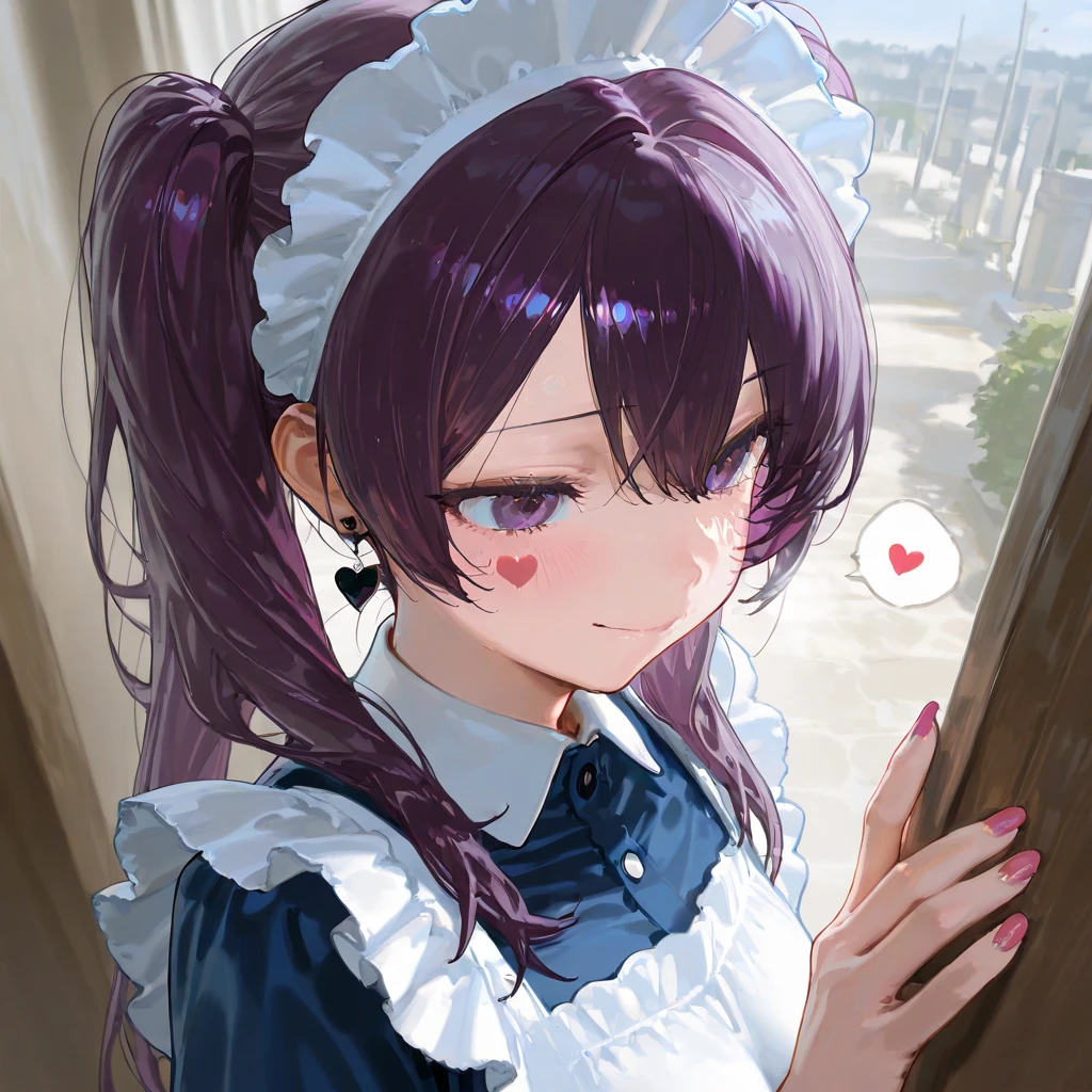 masterpiece, best quality, amazing quality, very aesthetic, absurdres, newest,scenery, highres icon,absurdres、 1 girl、Heart face mark、V above the eyes、Manicure、 stares at viewers、 purple eyes、紫のnail、 closed mouth、Purple Hair、blush、 upper body、smile、 Maid Apron 、 maid's headdress 、Collared dress、 white apron、 twin tails、 dull bangs、 jewelry、 blue dress 、 earrings for a woman alone、bonnet、 multi-colored hair that looks abnormal、青いnail、 side lock、 blue hat、 raise your hand、nail,masterpiece, best quality, amazing quality, very aesthetic, absurdres, newest,scenery