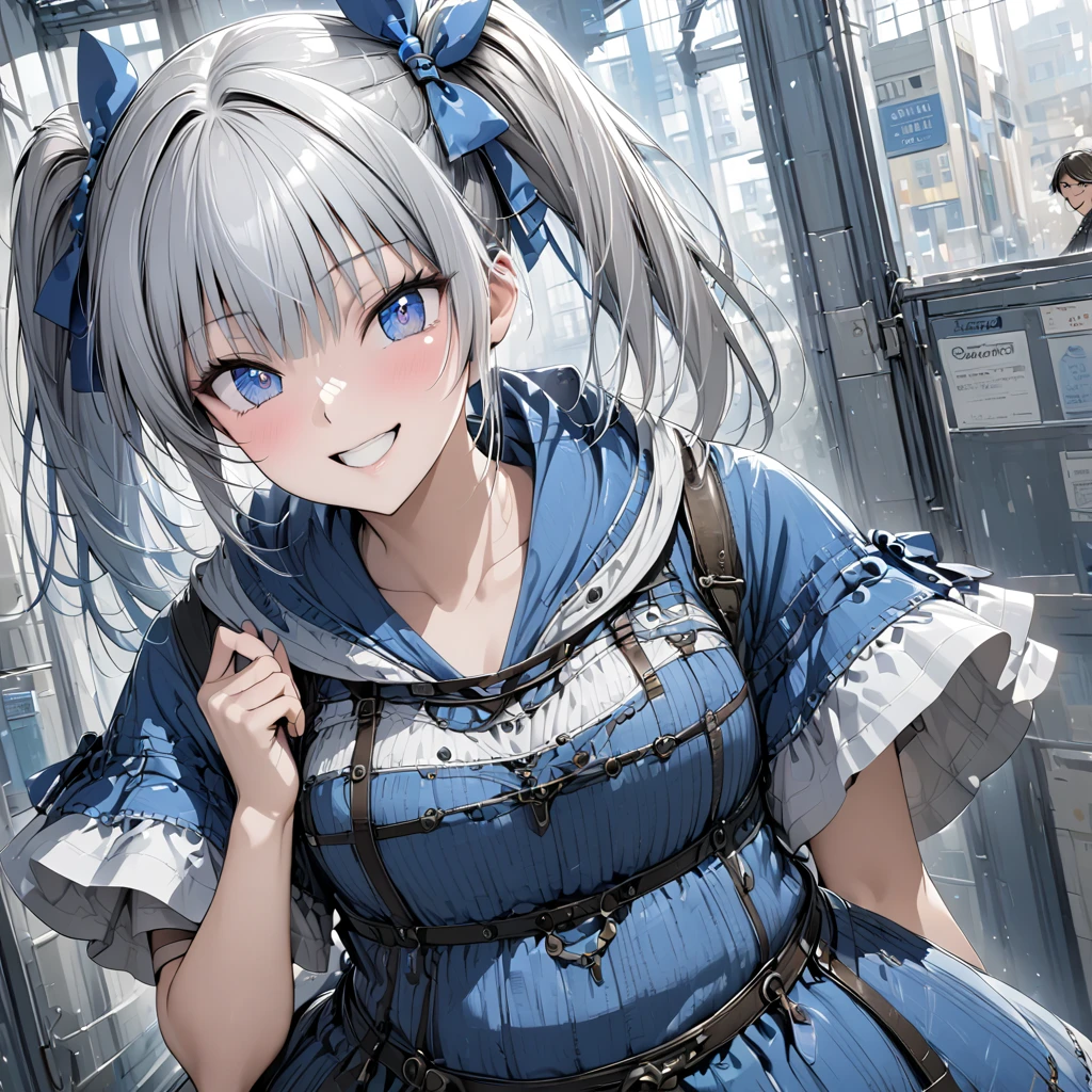 Silver-haired blue eyes、 girl、Small breasts、Twin tails、Laughter、Nico Nico Smile、Wink、 girl、Looks about 、Petan Musume、short、Wearing cute short-sleeved clothes、There are highlights on the eyes